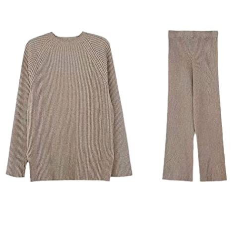 Survêtement tricoté pour femme kaki foncé ensemble 2 pièces taille haute et jambe large en taille unique