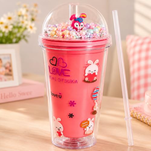 Image of Toy Imagine Bunny Glitter Tumbler for Kids, 550ml Double Wall Acrylic Sipper Cup with Straw & Dome Lid, BPA-Free Reusable Tumbler with Floating Beads for School, Travel & Gifts