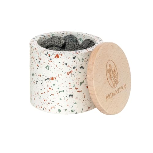 PRIMAVERA Aroma Duftstein Lava Natur-Duftträger aus Lavastein im Terrazzo-Gefäß mit Holzdeckel Für ätherische Öle & Duftmischungen Raumduft Diffusor Aromatherapie