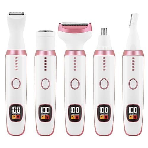 Afeitadora eléctrica para mujer, batería de 600 mAh 5 en 1 con pantalla digital con 5 cortadores de acero inoxidable reemplazables, recortadora recargable de 5 V 1 A 3 W, afeitadora húmeda y