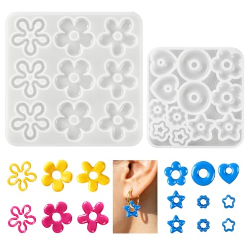 Leikedun Moule en Silicone pour Résine Époxy, 2PCS Moules à Fleurs pour Fabrication de ​Boucles d'Oreilles, Bijoux, Porte-clés, Pendenti - Avec Formes Fleur, Cœur, Étoile et Cercle