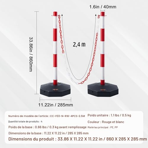 VEVOR Lot de 4 poteaux en plastique avec chaîne de 9,8 m et 8 crochets en S - Blanc - Pour avertissement/contrôle de la foule sur le parking, le chantier de construction, l'ascenseur d'allée – vue 8