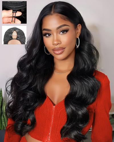 FYLBSR 18Inch V Part Body Wave Wig Human Hair with Drawstring 200% Density Glueless U Part Upgraded 100% Natural Unprocessed Human Hair Wigs for Women No Sew in V Shape Clip In Half Wig Human Hair