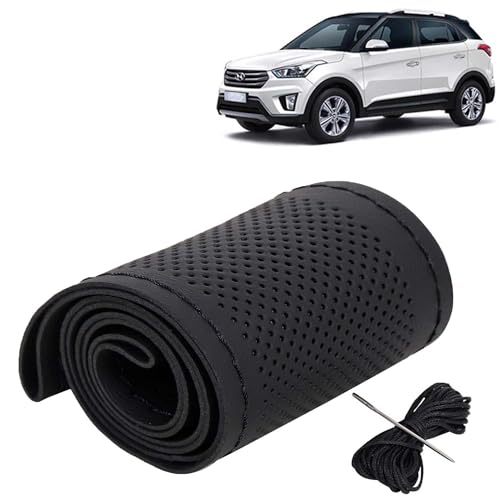 Image of KINGSWAY PU Leatherite Car Steering Cover Sewable Compatible with Hyundai Creta (Year 2015-2017), Black Color with Black Thread, Pack of 1 with Sewing Needle and Thread
