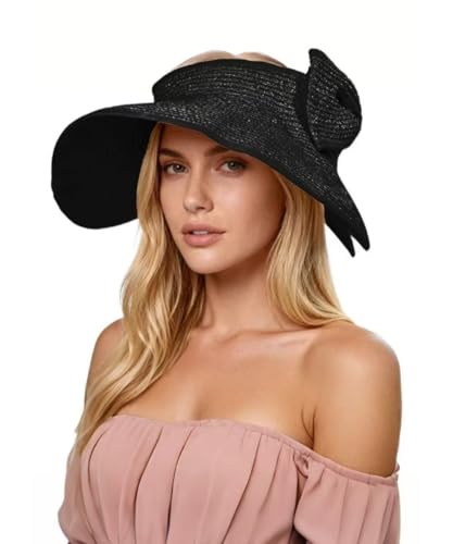 Nirvjour Women’s Wide Brim Visor Hat Foldable Straw Sun Hat UV Protection Beach Cap Black
