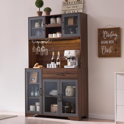 Image of Fatmok 71 inch Pantry Cabinet with Wine Rack and Charging Station, Set of 2 Tall Coffee Bar Cabinets with LED Lights, Drawer, Adjustable Shelves, Kitchen Hutch Storage, Rustic Brown