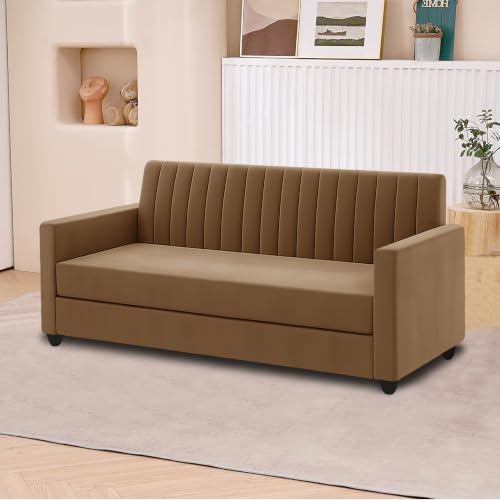 Image of 3+2 Fabric Sofa Set with Ottoman for Living Room | Modern Upholstered 5-Seater Couch | Soft Cushion, Premium Velvet Fabric-Golden