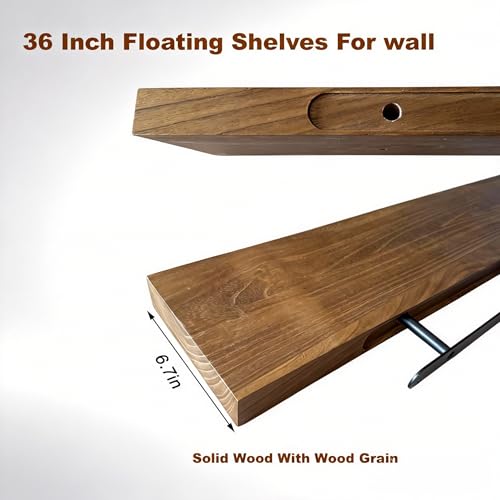 Image of ROGMARS 36 Inches Long Walnut Floating Shelves with Led Light | Rustic Solid Wood Farmhouse Wall Shelves with Invisible Brackets for Bedroom, Living Room, Kitchen, Bathroom Set of 2