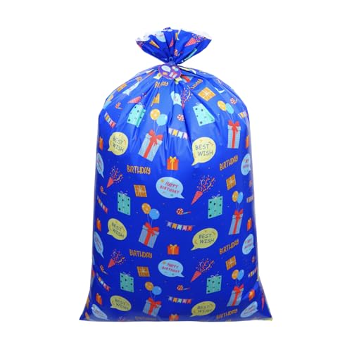 Plauthus 56 Jumbo Plastic Gift Bag Extra Lager Birthday Gift Bag for Giant Gift (Patterns of Gift Boxes and Greeting Words) for Kids Boys Teens Birthday (Boy-Blue)