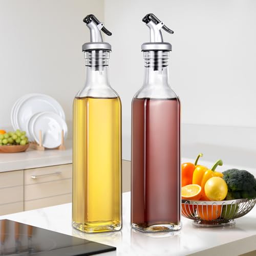 YEBODA 8oz Clear Glass Olive Oil Dispenser Bottles, and Vinegar Cruet Bottle Includes Pourers, Funnel Labels, Cooking Container for Kitchen 6 Pack