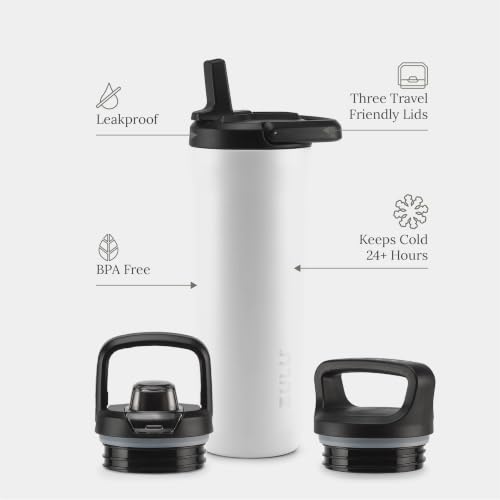 Image of ZULU Base 18oz Kids Stainless Steel Water Bottle with 3 Lids- Straw, Chug, Twist | Double Walled and Vacuum Insulated Metal Thermos | Fits Car Cupholder, Built in Carry Loop, Dishwasher Safe, White