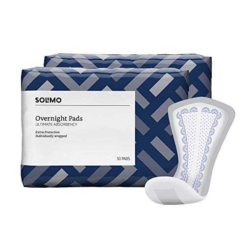 Amazon Brand - Solimo Incontinence, Bladder Control & Postpartum Pads for Women, Overnight Absorbency, 60 Count, 2 Packs of 30