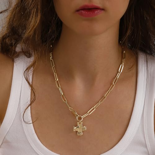 Chunky Cross Necklace for Women Trendy 14K Gold Silver Layered Statement Cross Pendant Charm Necklace Vintage Paperclip Herringbone Snake Choker Chain Costume Jewelry Set Gift Non Tarnish3