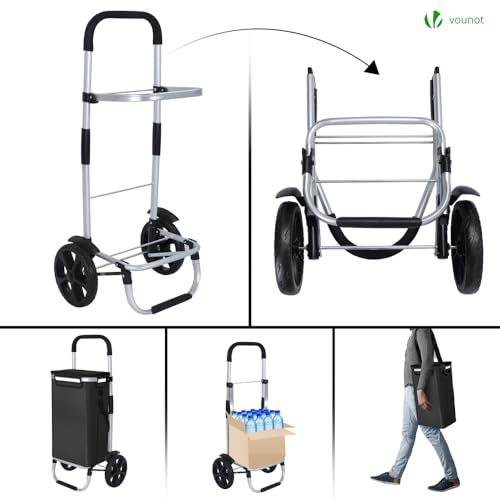 VOUNOT® Einkaufstrolley Klappbar aus Aluminium mit 58L Wasserdichter Tasche und Kühlfach, 2 Extra große Räder mit Schutzblech, Faltbarer Einkaufswagen, Treppensteiger Trolley, Schwarz