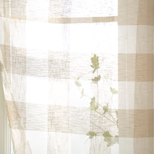Amzdecor Tan Buffalo Plaid Curtains Linen Textured Sheer Panels Buffalo Check Plaid Rod Pocket Rustic Window Treatment Sets For Living Room Bedroom,2 Panels, 40''X84'', Tan/Beige #TOP6