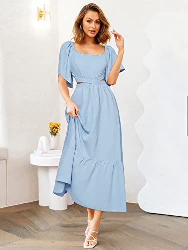 Solersun Women's Causal Summer Cutout Crossover Waist Dresses Square Neck Short Sleeves A-Line Tiered Flowy Long Maxi Dress(Blue,M) #TOP3