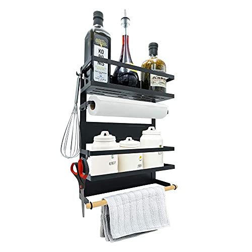 Estante magnético de especias para frigorífico, toallero de papel, estante de especias, almacenamiento para cocina, soporte magnético con 5 ganchos (negro) Cover