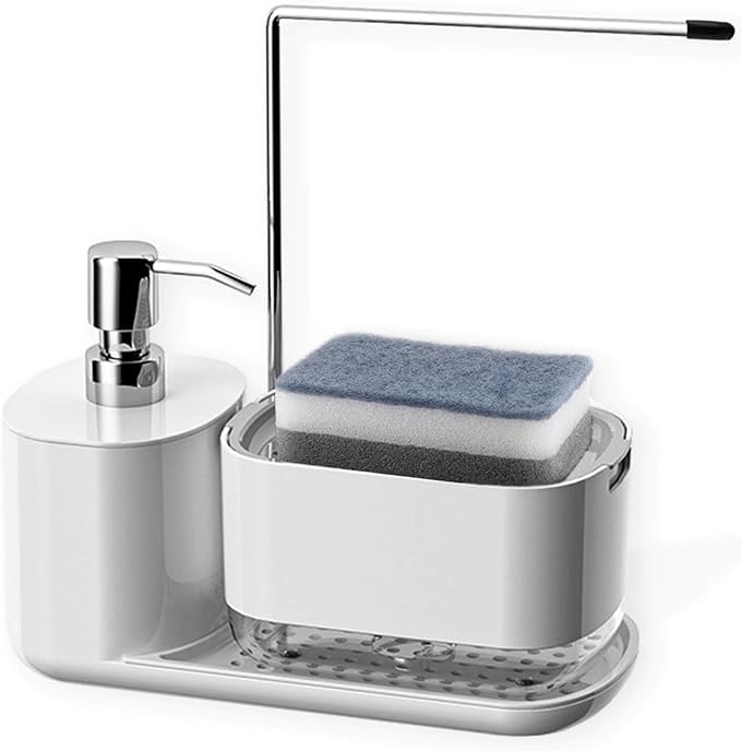 Dispensador de jabon, jabonero 3 en 1, Soporte para bayeta y Estropajo, Cocina Accesorios, Organizador Fregadero multifunción, dosificador de jabon, jabonera Moderna.