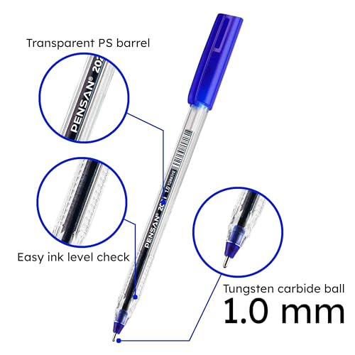 Image of PENSAN Blue Ballpoint Pens,1.0 mm Medium Point, Blue Pens, Ergonomic Triangle Grip, 50-Count Pack of Bulk Pens