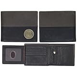 Christian Art Gifts Genuine Full Grain Leather Scripture Wallet for Men: Strong & Courageous Brass Lion Medallion, RFID Protection, Bi-fold, Card Slots, ID Window, Coin Pouch, Black & Charcoal Gray