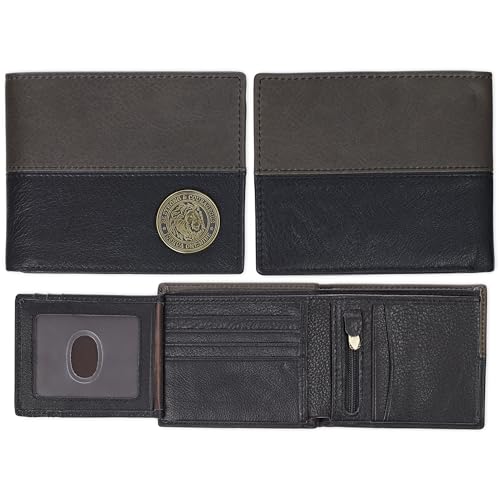 Christian Art Gifts Genuine Full Grain Leather Scripture Wallet for Men: Strong & Courageous Brass Lion Medallion, RFID Protection, Bi-fold, Card Slots, ID Window, Coin Pouch, Black & Charcoal Gray