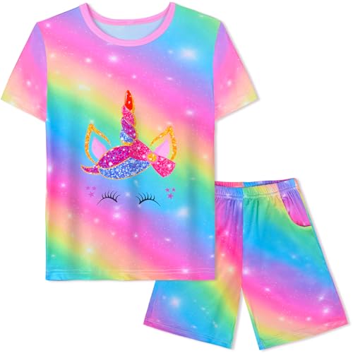 Nidoul Girls Pajamas Tie Dye Mermaid Unicorn Summer Pjs Short Sleeve 2 Piece Sleepwear Toddler Girls Kids Nightwear 3T-10