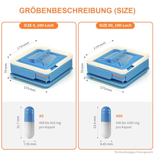 Kapselfüller 00 | Manuelles Kapsel-Füllwerkzeug mit 100 Löchern | Kapselhalter für Gelatine/Kräuter/Vitamine | Selbstfüller für Leere Kapseln (Blau)