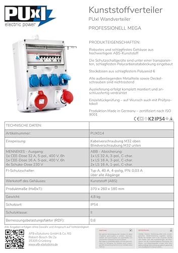 PUxI Wandverteiler PROFESSIONELL MEGA, anschlussfertige Verdrahtung, für feste Wandmontage,1x CEE-Dose 32 Ampere, 5-polig, 400 Volt, 1x CEE-Dose 16 Ampere 5-polig, 400 Volt,4x Schuko-Dose 230 Volt