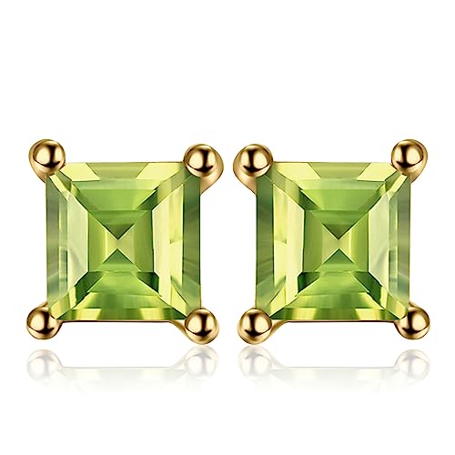 JewelryPalace Square 0.7ct Natural Peridot Stud Earrings for Women Green Solitaire Natural Gemstone 925 Sterling Silver 14k Yellow Gold Plated Earrings for Women Anniversary Earrings for Her