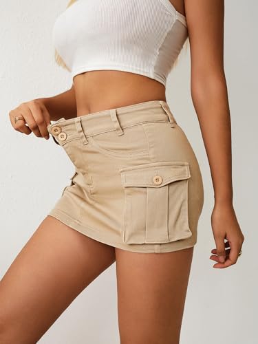 Image of ELLEVEN Low Rise Denim Mini Skirt for Women High Stretch Jean Skirts | Women's Sexy Bodycon Cargo Denim Skirt with Pockets, Y2K Casual Jean Style, Trendy Summer Outfits