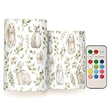 OURVII 2Pcs Watercolor Cute White Rabbits Flameless Candles Remote Timers Happy Easter Bunny Pillar Candles for Bedroom Bathroom Outdoor Party Garden Ambient Lighting Decoration