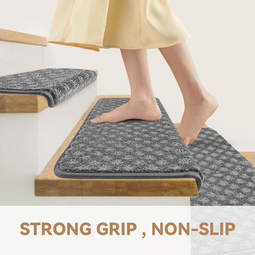 Bullnose Stair Treads Non Slip 9.5" x 32", 14 Pcs Carpet Stair Treads for Wooden Steps Indoor with Edge Protection, Reusable Peel and Stick TPU Backing Stair Runner Rugs - Lattice Pattern Grey by NEKL - Image 3