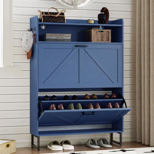 Image of BORNOON Shoe Cabinet with 2 Flip Drawers Narrow Shoe Storage Cabinet Organizer Wooden Freestanding Rack Hidden Slim Storage for Entryway, Hallway, Living Room, Bedroom