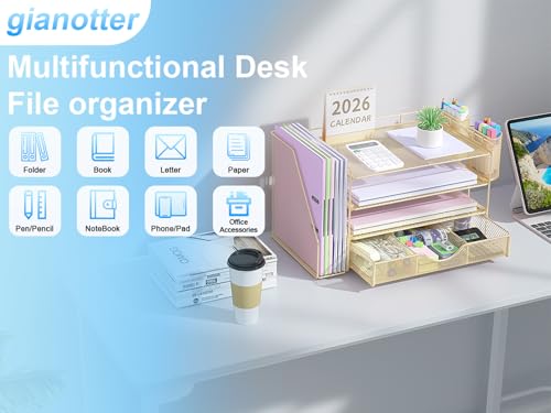 Image of gianotter Desk Organizers and Accessories with File Holder, 4-Tier Desk Accessories & Workspace Organizers with Drawer and 2 Pen Holder, Paper Organizer for Office Supplies(Gold)