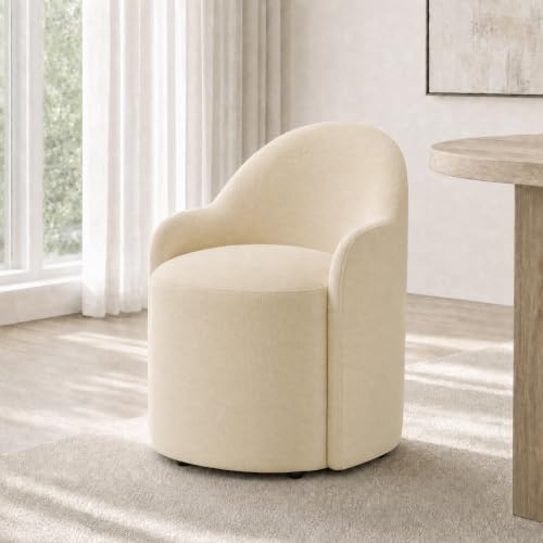 Image of KISLOT Upholstered Dining Chairs Set of 1 with Caster, Pre-Assembled, Sand | Modern Dining Room Chairs with Wheels, Rolling Vanity Chair with Round Backrest for Kitchen, Bedroom, Dressing, Linen Fabric