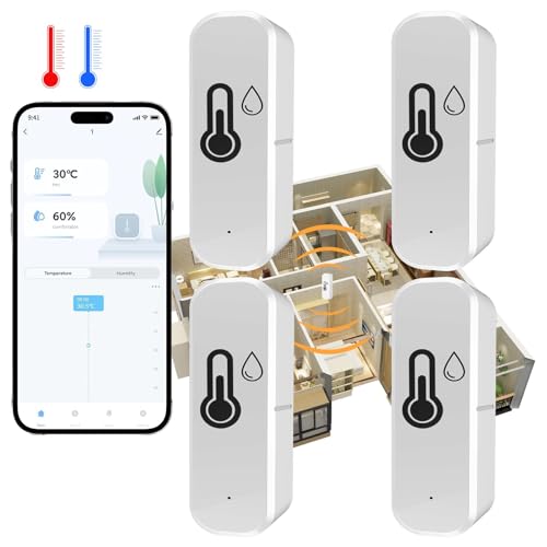 4 pièces Thermomètre Hygromètre Wifi pour surveillance de la température et de l'humidité intérieure et extérieure, fonctionne avec l'application Smart Life/Tuya, compatible avec Google Home, Alexa,