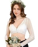 DIRNDLSTERN Damen Dirndlbluse Spitze Langarm - Weiß Bluse V-Ausschnitt Knopfleiste Trachtenbluse für Oktoberfest Größe 36
