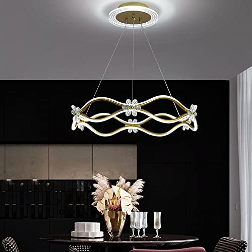 HSCW Lámpara Colgante de acrílico de Hierro Forjado Moderno LED de 55 W, Anillo de luz Colgante, Accesorios de iluminación Ajustables, Comedor, Sala de Estar (luz Blanca, luz tricromática) Cover