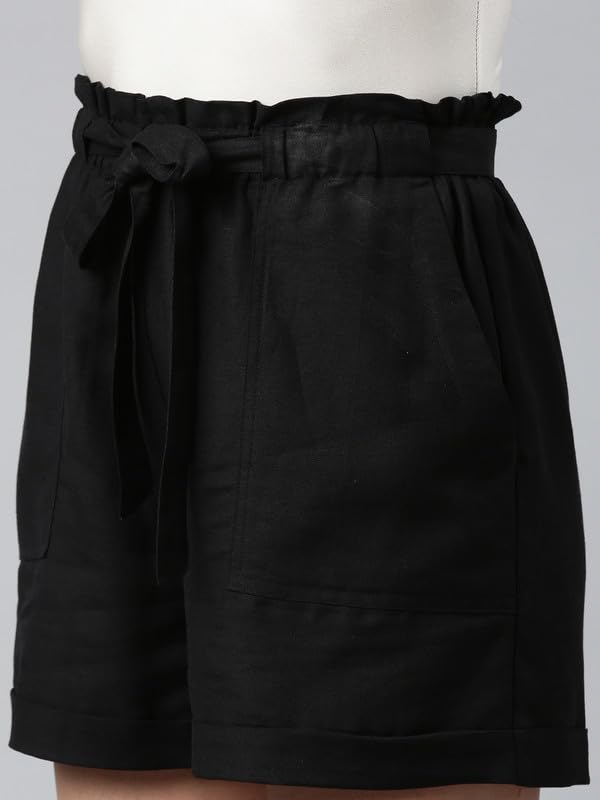 Image of GO COLORS Women Solid High Rise Relaxed Fit Linen Shorts