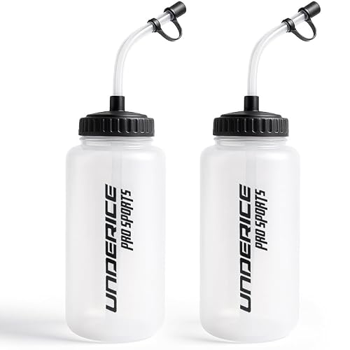 UICE Hockey Water Bottle with Long Straw 2-Pack & 1 Liter (34 Oz) BPA-Free Sports Water Bottles Easy Squeeze Bottle Lid with Extra Cap for Football Lacrosse Boxing Helmet Sports