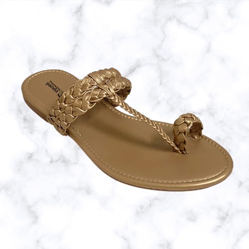 Image of Women's Round Toe Flats Sandal | Hand Braided Toe Ring Sandals | Dailywear Slippers Under 500 | Open Toe Kolhpauri Style chappal for Ethnic and Casual Occassions.