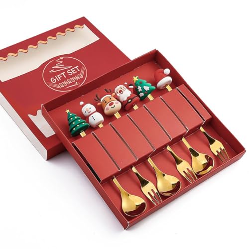 Tsffae Ensemble De Couverts De Noël Dorés, Cuillère Fourchette De Noël, Design À Motif De Noël, Cuillère À Café, Cuillère À Dessert, Fourchette À Fruits 6 Pièces/Ensemble