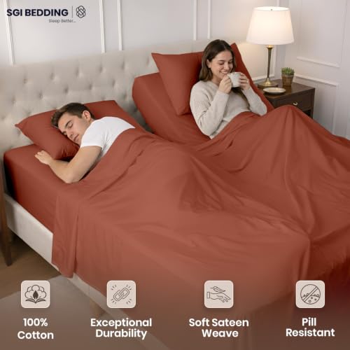 Image of SGI Split King Sheet Set for Adjustable Bed Egyptian Premium Cotton 600 Thread Count Sheets for Sleep Number Bed 15 inch Deep Pocket 5 Pc Set with 2 Twin XL Fitted Sheets Soft Breathable - Terracotta