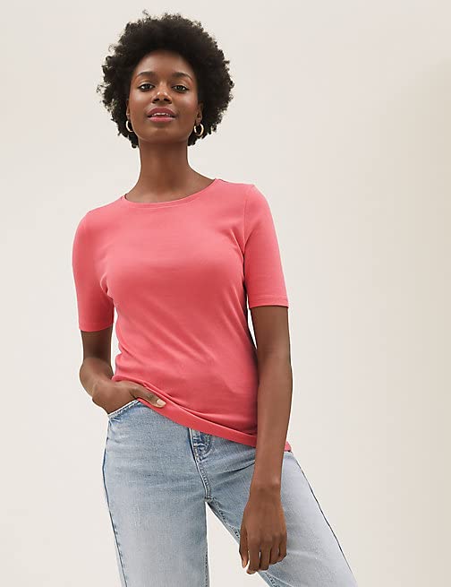 Image of Marks & Spencer Womens Solid Cotton Crew Neck Regular Fit T Shirt