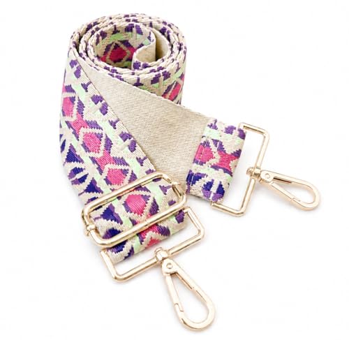 Image of Pastel Multicolor Boho Diamond Purse Strap with Light Gold Hardware 2 Inch Wide Replacement Crossbody Guitar Style Shoulder Strap for Handbags Totes