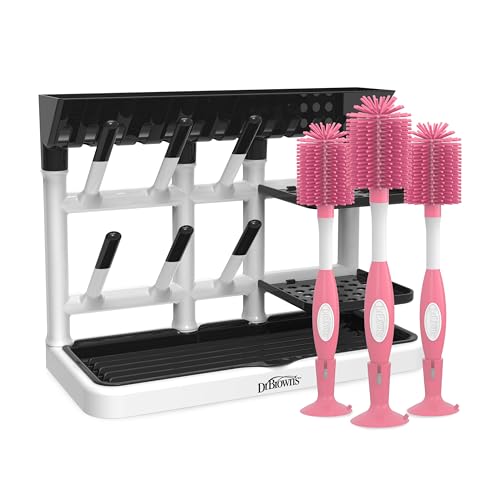Image of Dr. Brown's Drying Tower, Stand-Up Rack with Soft Touch No Scratch Baby Bottle Cleaning Brush, Pink