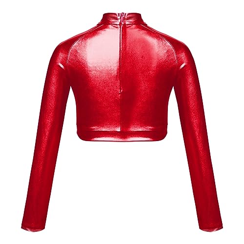 JanJean Girls Metallic Long Sleeve Dance Crop Tops Kids Mock Neck Athletic Tops Hip Hop Jazz Gymnastics Ballet Dancewear Red 14 Years