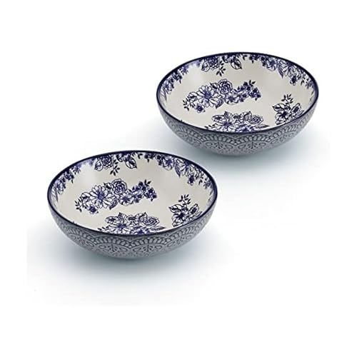 Pfaltzgraff Gabriela Blue Pasta Bowls Set of 2, 8 Inch Stoneware Soup Bowls with Floral Pattern, 32 oz Wide Bowls for Pasta, Salad, Ramen, Cereal, White and Blue