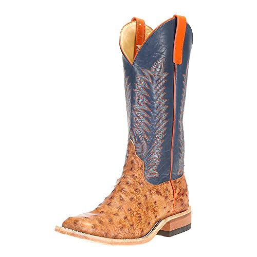 Anderson Bean Mens Brandy Bruchiato Full Quill Ostrich 13in Burnished Navy Calf Top Boots Brandy Bruchiato