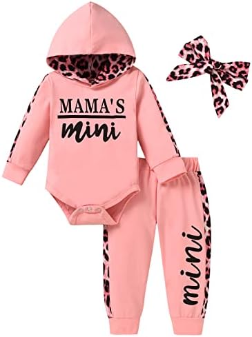 MINIFEIKO Newborn Baby Girl Mamas Mini Outfits Infant Hoodie Romper Long Sleeve Top + Leopard Pants 2Pcs Sweatsuit Fall Winter Clothes Set（3-6 months，Pink）